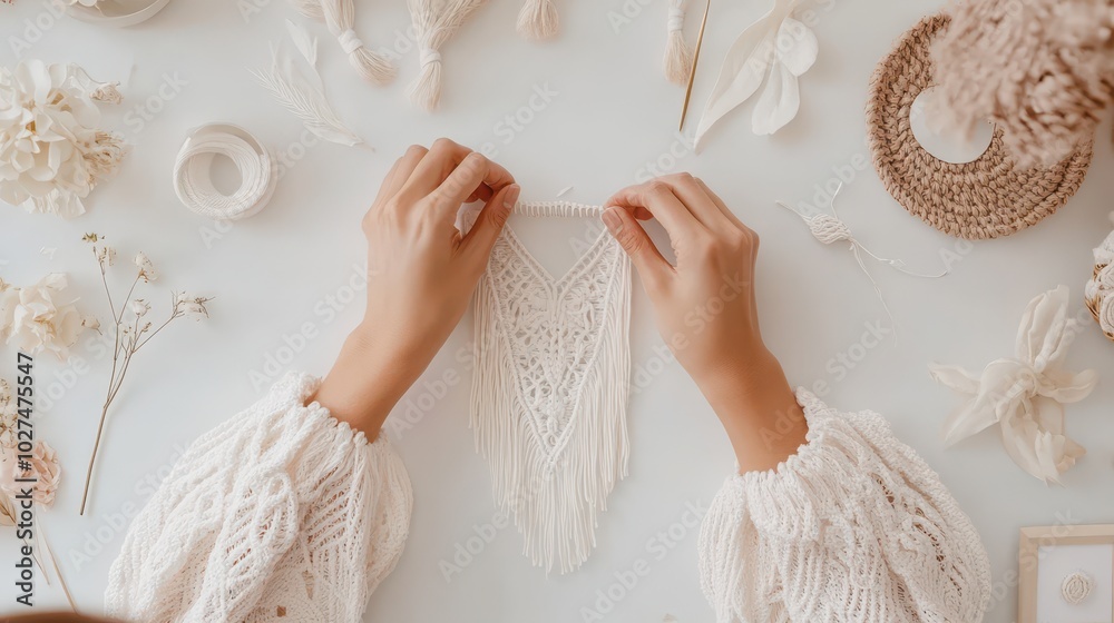 Hands skillfully crafting a macrame decoration surrounded by dried flowers and natural elements in a bright workspace Hands skillfully crafting a macrame decoration surrounded by dried flowers and natural elements in a bright workspace