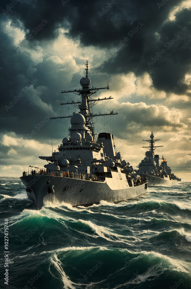 Navy warships navigating rough seas under dark storm clouds Navy warships navigating rough seas under dark storm clouds