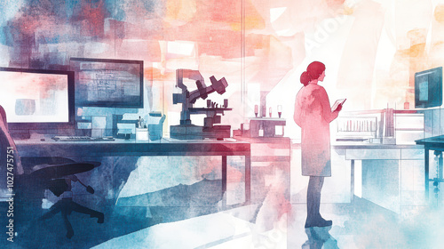 A watercolor depiction of a healthcare lab, with soft, flowing lines and pastel hues gently blending together, microscopes and computers fading into the background as healthcare workers 