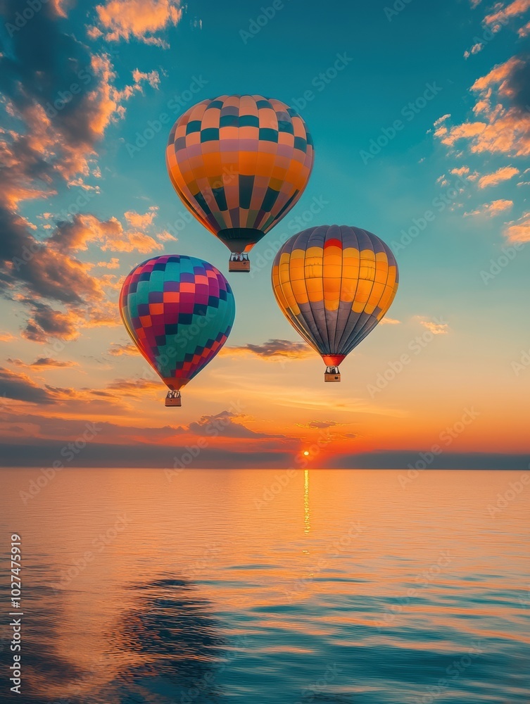 Fototapeta premium Vibrant hot air balloons soar above a calm sea, illuminated by a stunning golden sunset, creating a picturesque view of nature's beauty. Generative AI