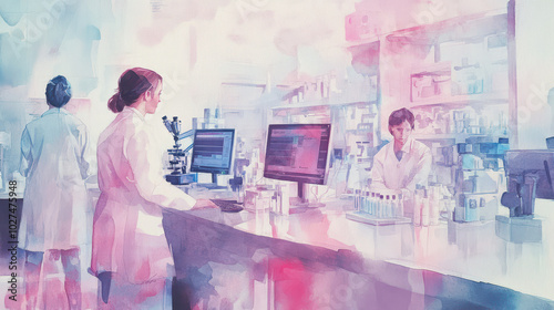 A watercolor depiction of a healthcare lab, with soft, flowing lines and pastel hues gently blending together