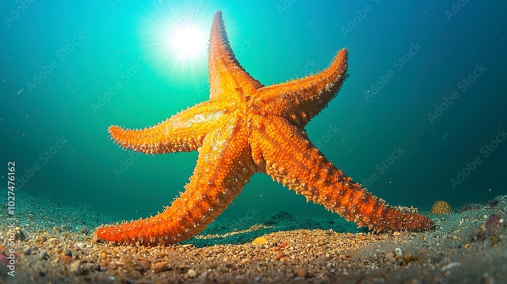 Serene Starfish, a solitary starfish rests on soft sandy shallows, embodying tranquility in its underwater realm, a simple yet captivating marine moment. Serene Starfish, a solitary starfish rests on soft sandy shallows, embodying tranquility in its underwater realm, a simple yet captivating marine moment.