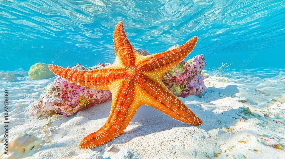 Serene Starfish, a solitary starfish resting on soft sands, embodying tranquility in its marine habitat, a unique gem in the expansive underwater world. Serene Starfish, a solitary starfish resting on soft sands, embodying tranquility in its marine habitat, a unique gem in the expansive underwater world.