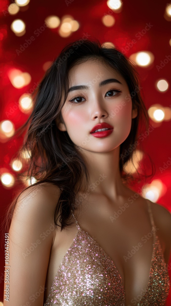 half body shot of an Asian woman in a sparkly gold dress, with a festive red studio backdrop, holiday season, Christmas celebration, winter joy, copy space, soft lighting. half body shot of an Asian woman in a sparkly gold dress, with a festive red studio backdrop, holiday season, Christmas celebration, winter joy, copy space, soft lighting.