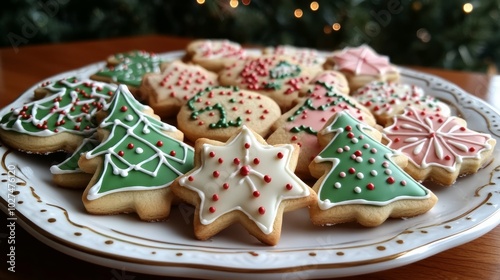 The image showcases a plate of festive holiday cookies adorned with colorful decoration and intricate icing designs, capturing the essence of holiday cheer and joy.