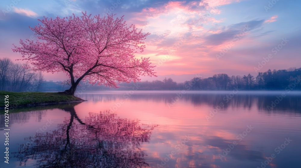 A breathtaking scene of a pink blossom tree at sunrise, gracefully casting reflections on a serene lake, embodying beauty and tranquility in nature’s embrace. A breathtaking scene of a pink blossom tree at sunrise, gracefully casting reflections on a serene lake, embodying beauty and tranquility in nature’s embrace.