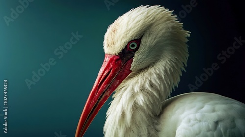 Elegant stork wading gracefully in shimmering waters, showcasing pristine plumage under a clear blue sky, surrounded by lush greenery and vibrant wildflowers.