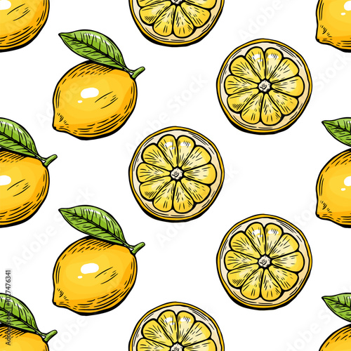 Seamless lemon sketch pattern, slice, engraving and black and white line.