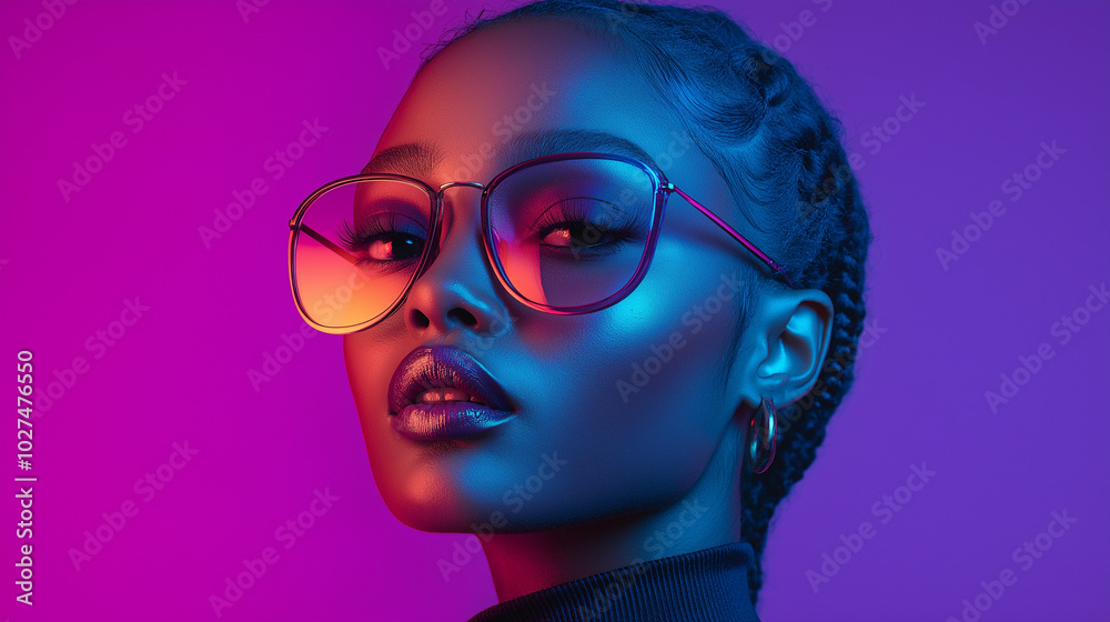 Stylish woman in sunglasses with neon lighting and bold colors Stylish woman in sunglasses with neon lighting and bold colors