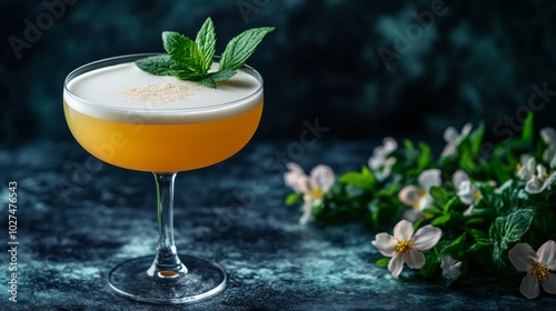 A sophisticated cocktail in a coupe glass, crowned with fresh mint leaves, set against a moody dark background with delicate flowers in the scene. photo