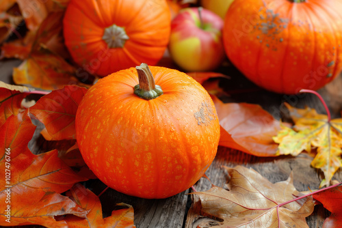 Thanksgiving and Halloween background with orange pumpkins and autumn Leaves