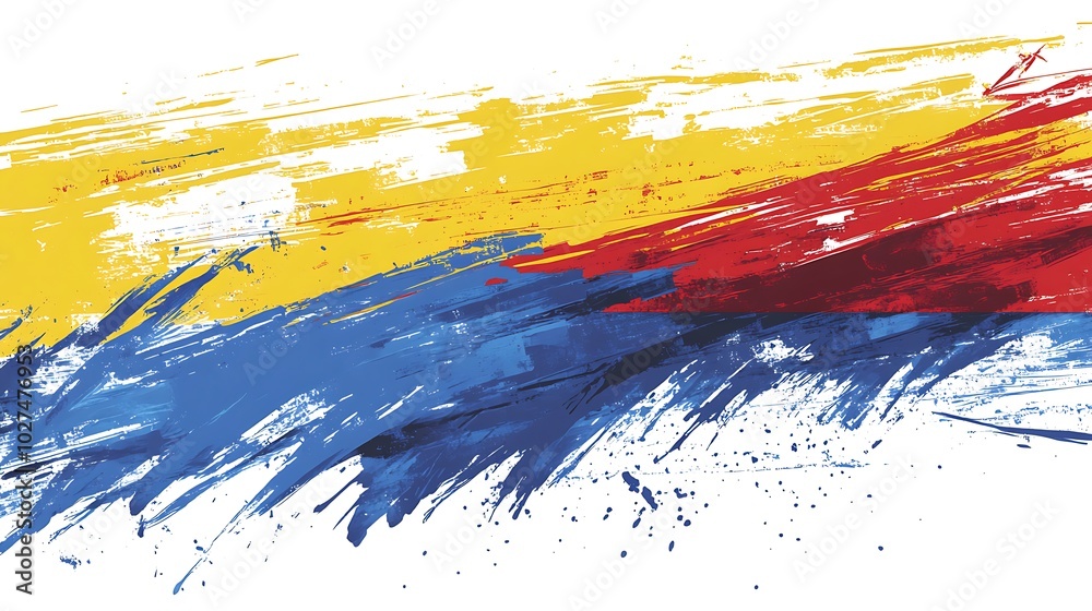 Abstract brushstroke design in yellow, red, and blue colors resembling a flag.