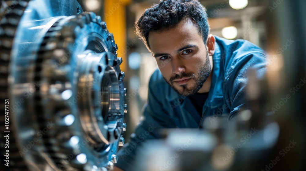 A focused engineer in a blue uniform closely inspecting complex machinery, embodying precision and dedication in a technological environment. A focused engineer in a blue uniform closely inspecting complex machinery, embodying precision and dedication in a technological environment.