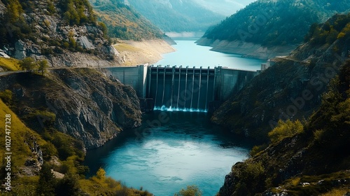 Hydroelectric Dam Nestled in Majestic Mountain Range Generating Renewable Energy