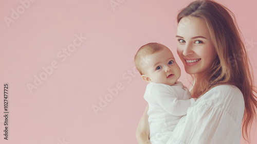 A beautiful young mother throws the baby into her arms in a pink background ai generative
