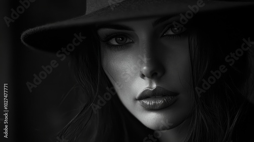 A dramatic black and white portrait of a woman exhibiting a captivating gaze, accentuated by strong shadows and light, highlighting her features and mystery.