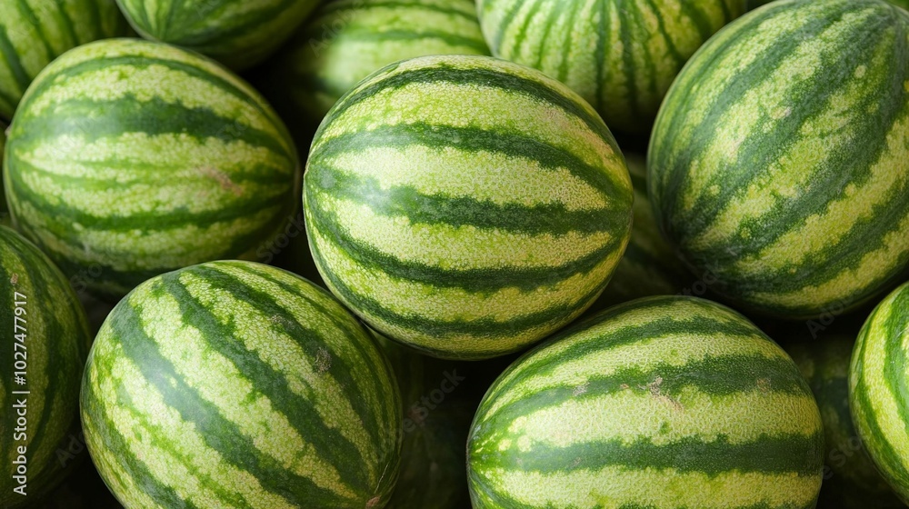 A large heap of fresh green watermelons with distinctive light and dark green stripes, reflecting freshness, abundance, and the cheerful feeling of summer harvest. A large heap of fresh green watermelons with distinctive light and dark green stripes, reflecting freshness, abundance, and the cheerful feeling of summer harvest.