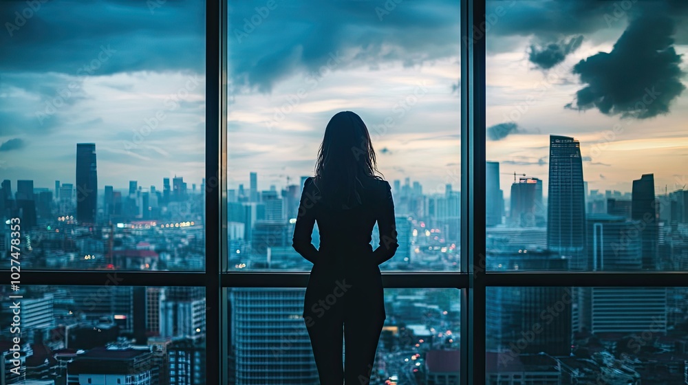 Fototapeta premium Businesswoman by Large Window Overlooking Cityscape