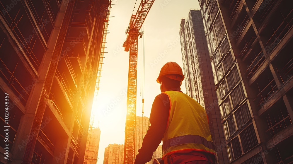 Construction worker in a safety vest and hard hat stands looking up at a crane. Construction worker in a safety vest and hard hat stands looking up at a crane.