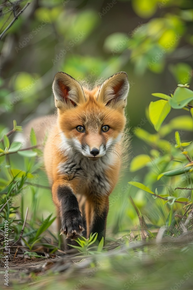 Naklejka premium A young red fox kit walks toward the camera in a lush green forest.