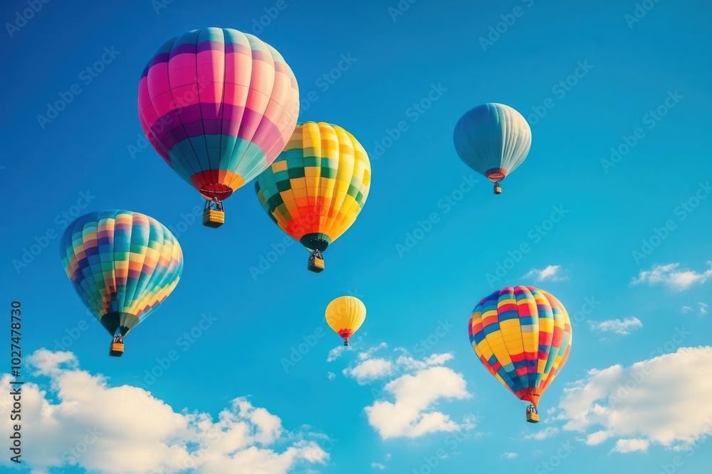 Brightly colored hot air balloons float gracefully in the clear blue sky, creating a festive atmosphere on a sunny day. Generative AI Brightly colored hot air balloons float gracefully in the clear blue sky, creating a festive atmosphere on a sunny day. Generative AI