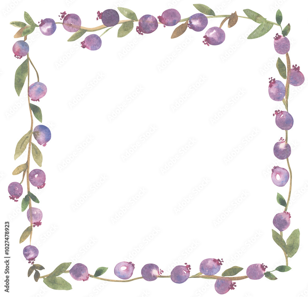 Hand painted watercolor illustration of twigs with purple berries in a frame design. Painted illustration of a frame of twigs with leaves and berries. Ideal for Christmas and other holiday decorations Hand painted watercolor illustration of twigs with purple berries in a frame design. Painted illustration of a frame of twigs with leaves and berries. Ideal for Christmas and other holiday decorations