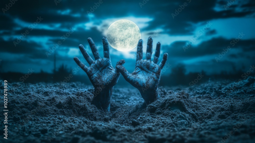 Zombie hands rising from the grave in front of full moon Zombie hands rising from the grave in front of full moon