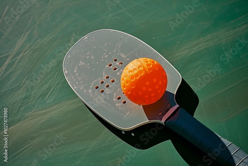 An orange pickleball rests on a gray pickleball paddle on a green court.