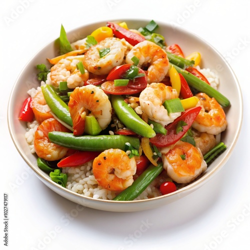 Bowl with shrimp, rice, and hot chili pepper isolated on a white background.