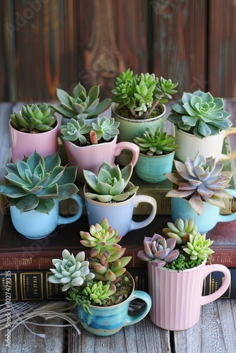 Wallpaper Mural Colorful mugs filled with succulent plants, stacked on top of books, against a wooden background. Torontodigital.ca
