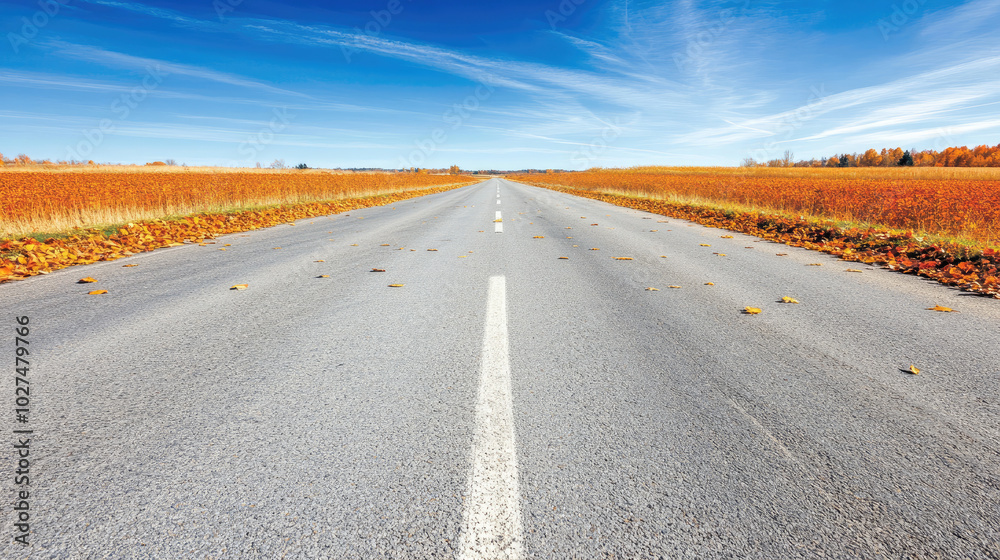 Fototapeta premium Autumnal Road with Golden Fields and Crisp Blue Sky