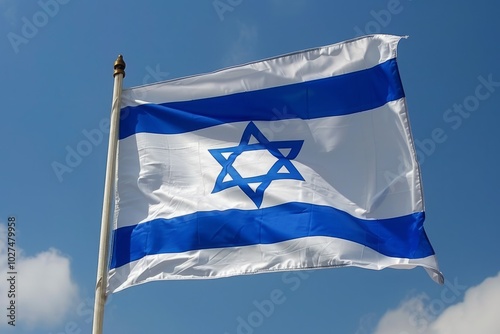 A blue and white flag with a star in the middle photo