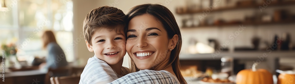 Mother and happy son embracing during breakfast, family gathered around, cozy American dining room, warm and joyful ambiance Mother and happy son embracing during breakfast, family gathered around, cozy American dining room, warm and joyful ambiance