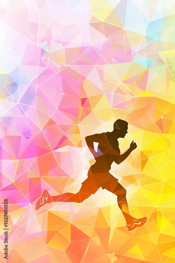 Silhouette of a runner on a colorful geometric background.