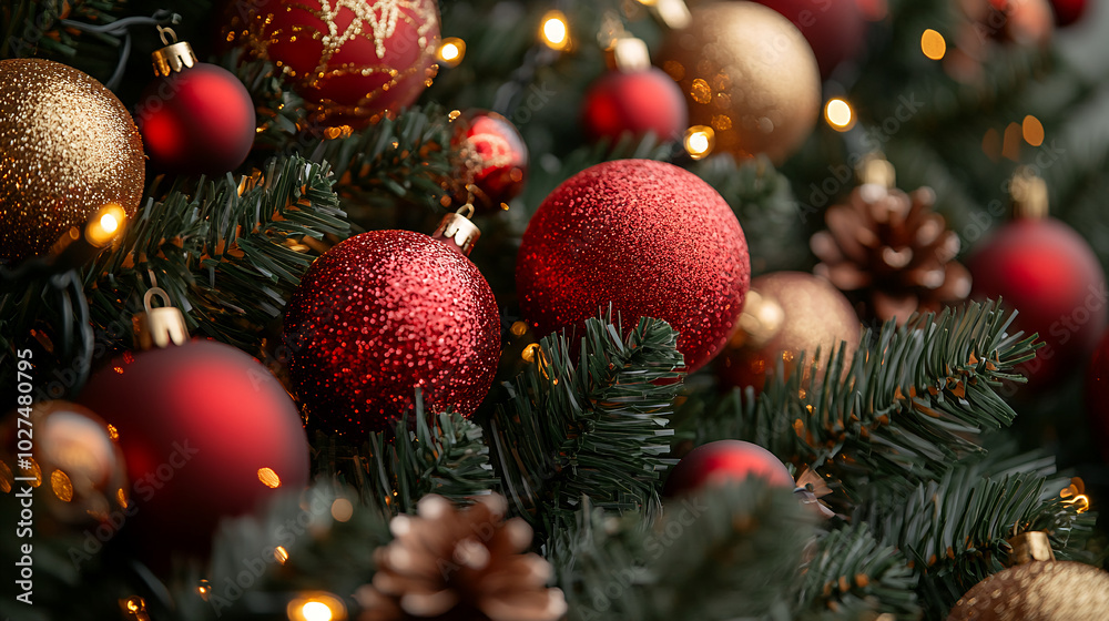 Fototapeta premium christmas, ornament, tree, christmas ornament, christmas tree, holy night, fireplace, present, glitter, red, gold, white, green, blue, white, light, snow, gift, decoration, holiday, box, xmas, celebra