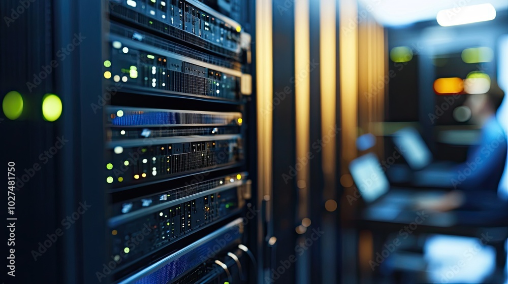 Modern Data Center with Server Rack and User Modern Data Center with Server Rack and User
