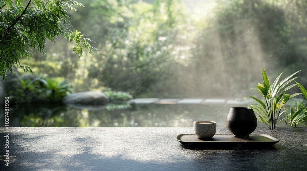 Tranquil Tea Setup in Natural Green Environment Tranquil Tea Setup in Natural Green Environment