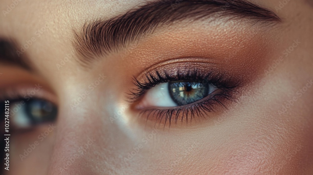 A stunning close-up shot of a blue eye with meticulously applied makeup, showcasing shades of brown eyeshadow and perfectly defined brows and lashes. A stunning close-up shot of a blue eye with meticulously applied makeup, showcasing shades of brown eyeshadow and perfectly defined brows and lashes.