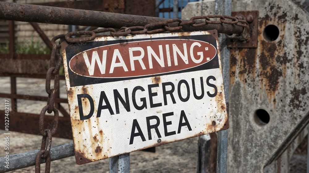 Warning sign indicating a dangerous area in an abandoned industrial site with rusty chains and worn-out surroundings. Warning sign indicating a dangerous area in an abandoned industrial site with rusty chains and worn-out surroundings.