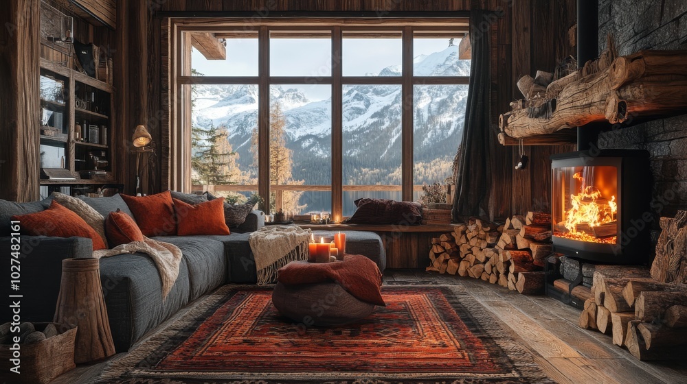 A rustic cabin offers a warm and inviting living space with a roaring fireplace, comfortable seating, and a breathtaking view of snowy mountains through large windows. A rustic cabin offers a warm and inviting living space with a roaring fireplace, comfortable seating, and a breathtaking view of snowy mountains through large windows.