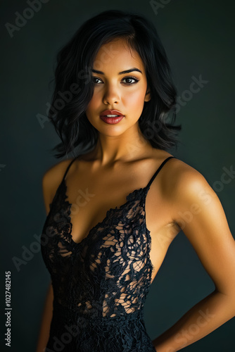 Woman in a black lace dress, elegantly posing for a picture.