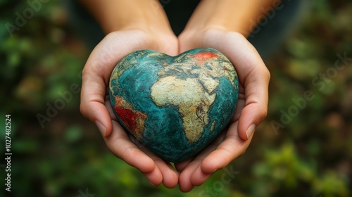 A pair of hands gently holds a heart-shaped model of Earth, symbolizing love for nature, environmental care, and global unity, amidst a blurred green backdrop. photo