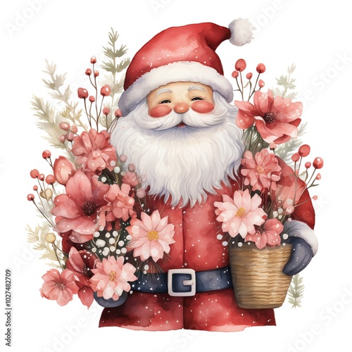 Cheerful Santa Claus holding a basket of colorful flowers, perfect for holiday decorations and cheerful celebrations. photo