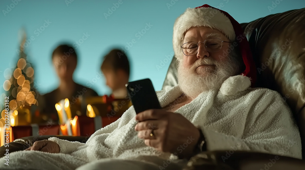 Cozy Santa wearing bathrobe and slippers, relaxing while checking his phone amidst holiday decorations and gifts. scene captures warm, festive atmosphere