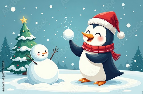 A cheerful penguin playing with a snowball ar 32 34 3 christmas, snowman, winter, snow, holiday, cold, vector, xmas, tree, snowflake, card, hat, fun, season, cartoon, decoration, new year 