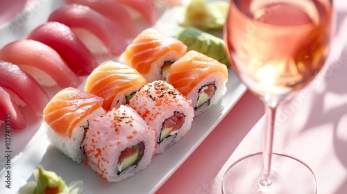 A beautifully arranged platter featuring an assortment of sushi, accompanied by a glass of rosé, perfect for a gourmet dining experience with friends or family. photo