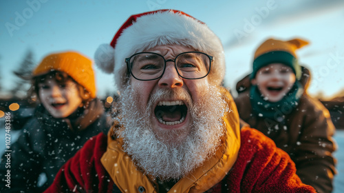 Santa with excited expression, surrounded by joyful children in winter attire, captures festive spirit of holiday season. Their laughter and enthusiasm create heartwarming scene photo