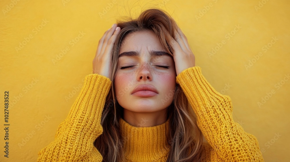 A woman in a comfortable yellow sweater is seen displaying a thoughtful and pensive expression against a bright yellow wall, highlighting contemplation and introspection. A woman in a comfortable yellow sweater is seen displaying a thoughtful and pensive expression against a bright yellow wall, highlighting contemplation and introspection.