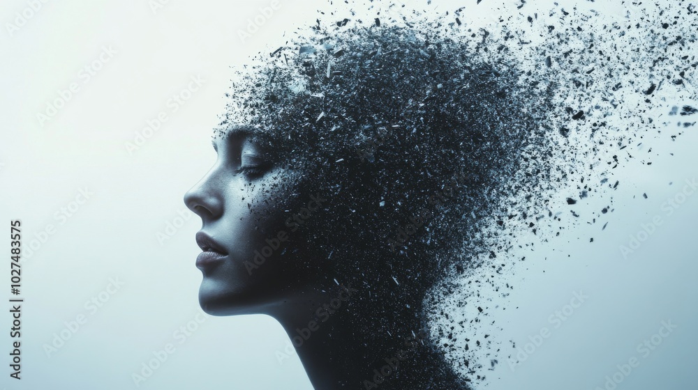 Woman face dissolving into small particles Woman face dissolving into small particles