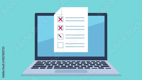 The laptop screen displays a document with test. The test is filled out incorrectly. A red cross appears in the answer spaces. Flat design animation.